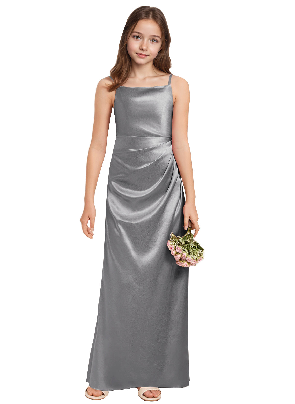 dideyttawl A-Line Junior Bridesmaid Dress Square Neck Pleated Stretch Satin Flower Girl Dress Sleeveless Formal Special Occasion Dress for Wedding 2520