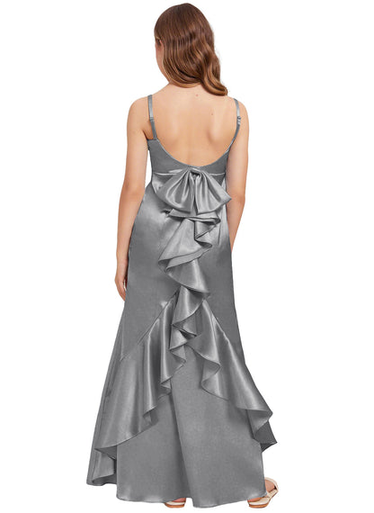 dideyttawl Mermaid Junior Bridesmaid Dress with Slit V-Neck Ruffles Bow Stretch Satin Flower Girl Dress Sleeveless Formal Special Occasion Dress for Wedding 2522