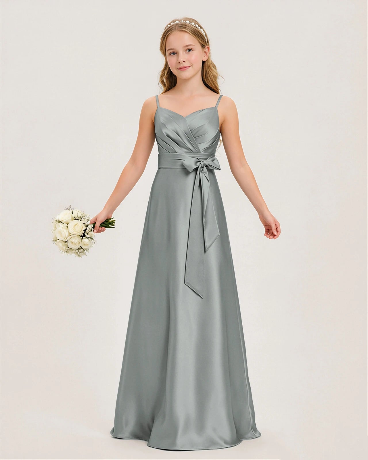 Dideyttawl Junior Bridesmaid Dress with Spaghetti Straps and Ruched Satin Side Bow, Dusty Blue / Customize