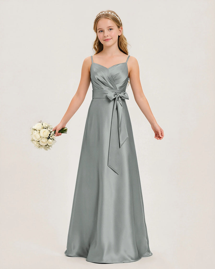 Grey Satin A-line Junior Bridesmaid Dress Front View