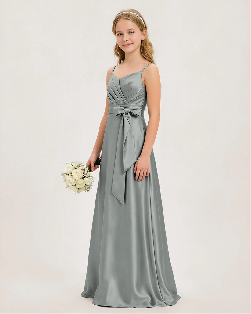Grey Satin A-line Junior Bridesmaid Dress Side View