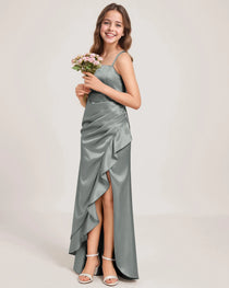 Dideyttawl Girls Formal Dress with Slit Ruffles Satin  Formal Gowns for Girls