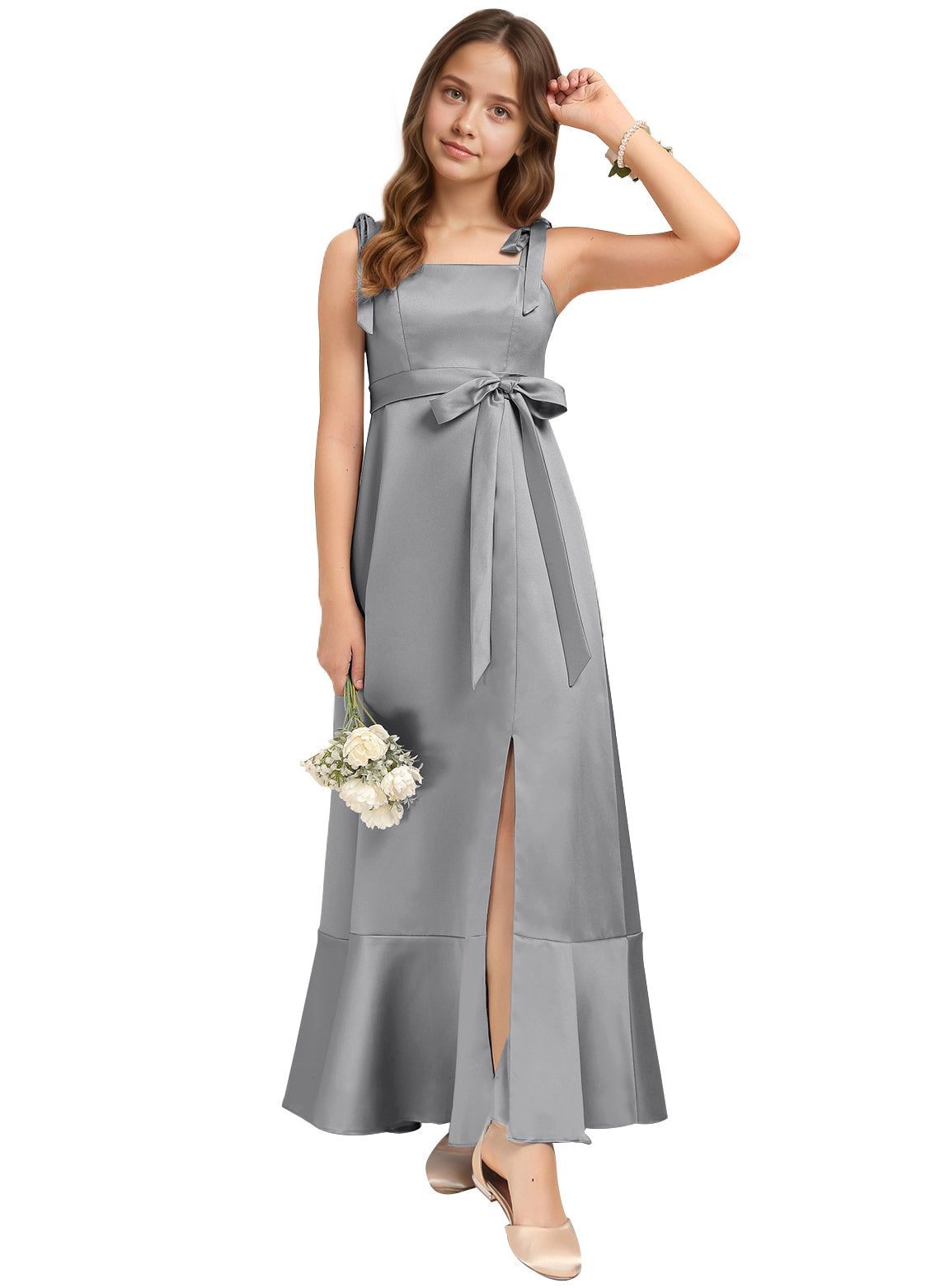 dideyttawl Junior Bridesmaid Dresses for Teens Silk Satin Adjustable Straps Flower Girl Dress with Slit 2529