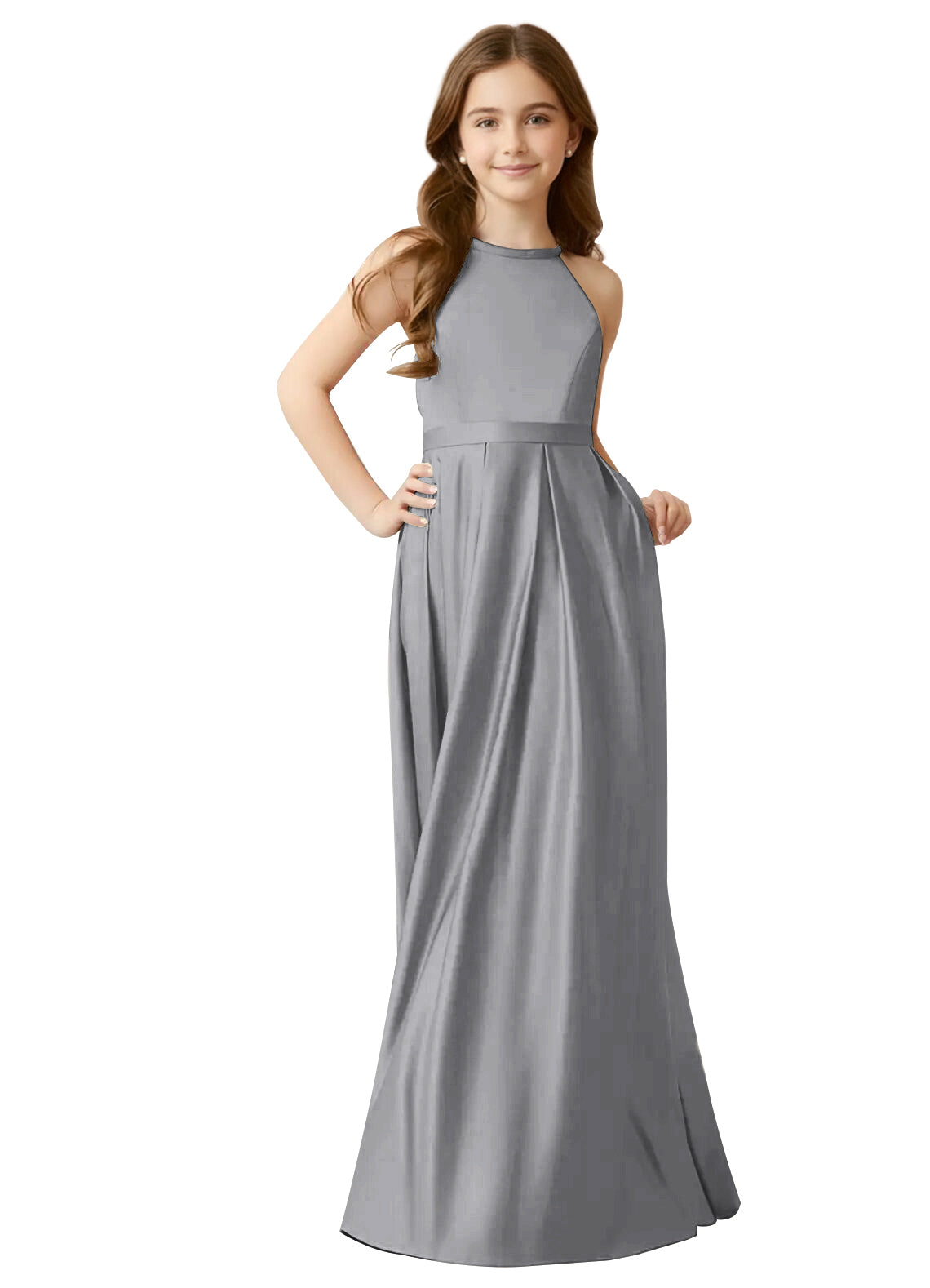 dideyttawl A-Line Junior Bridesmaid Dresses Halter Flower Girls Dress Satin Adjustable Straps Formal Gown 2532