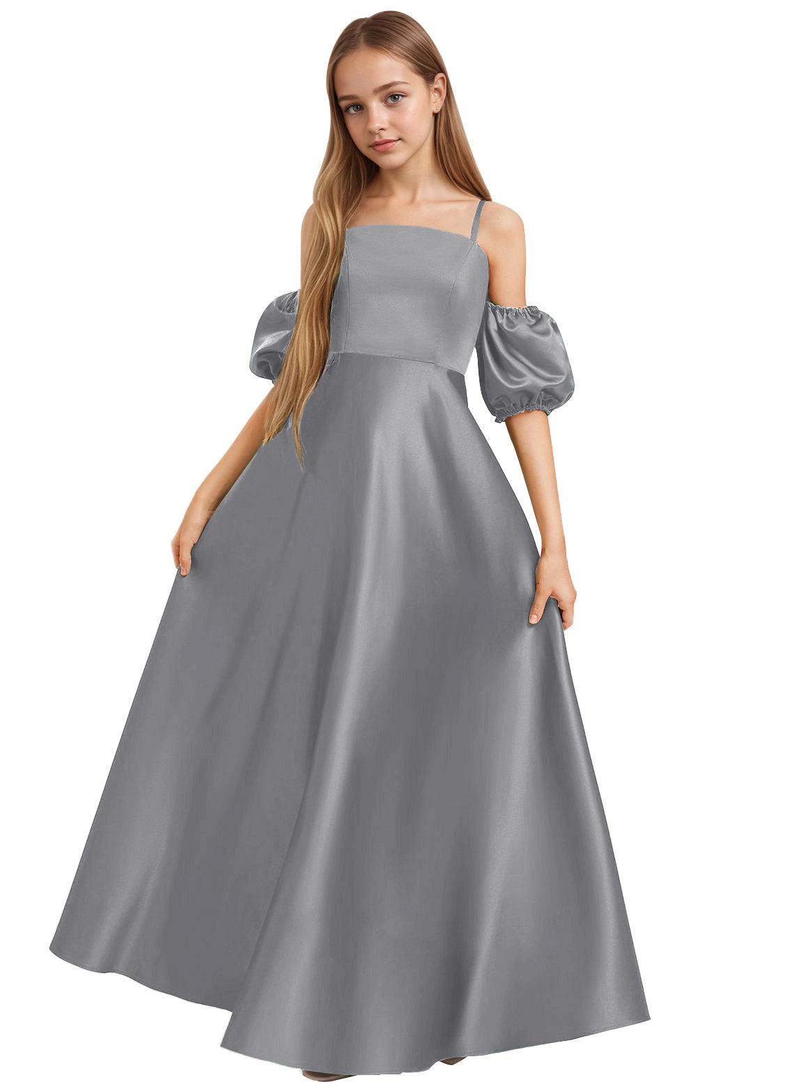 Dideyttawl Cold Shoulder Junior Bridesmaid Dress Satin Girls Pageant Gown 2525