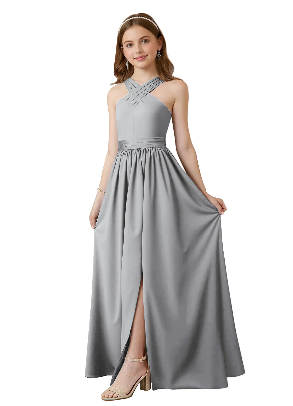 dideyttawl Junior Bridesmaid Dresses for Teen Girls Satin Halter A-Line Flower Girl Dress for Wedding 2531