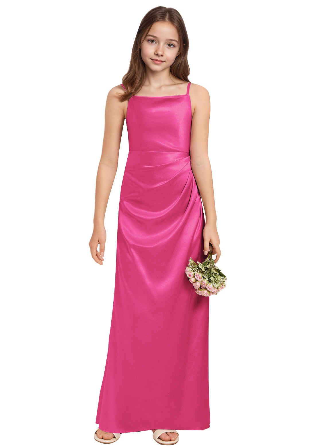 dideyttawl A-Line Junior Bridesmaid Dress Square Neck Pleated Stretch Satin Flower Girl Dress Sleeveless Formal Special Occasion Dress for Wedding 2520