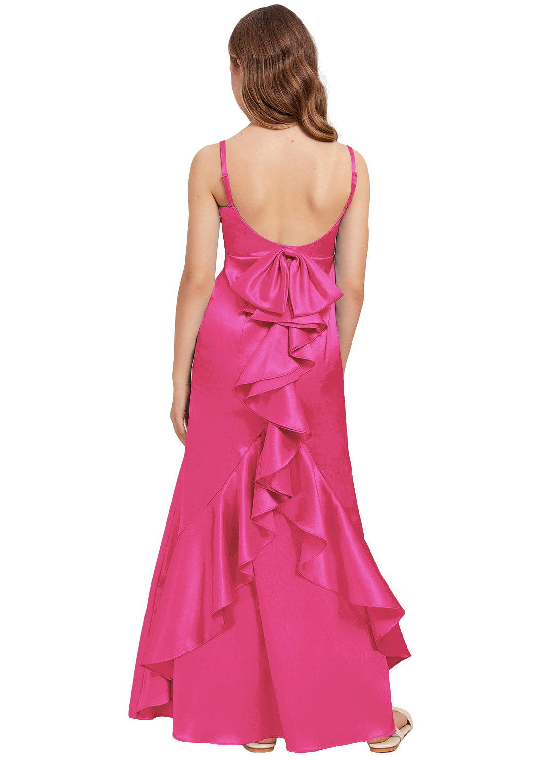 dideyttawl Mermaid Junior Bridesmaid Dress with Slit V-Neck Ruffles Bow Stretch Satin Flower Girl Dress Sleeveless Formal Special Occasion Dress for Wedding 2522