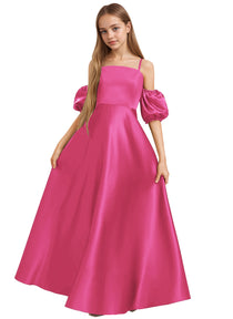 Dideyttawl Cold Shoulder Junior Bridesmaid Dress Satin Girls Pageant Gown 2525