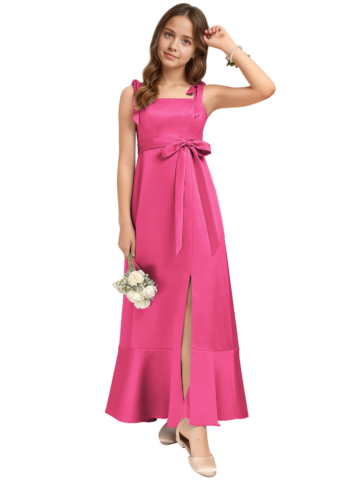 dideyttawl Junior Bridesmaid Dresses for Teens Silk Satin Adjustable Straps Flower Girl Dress with Slit 2529