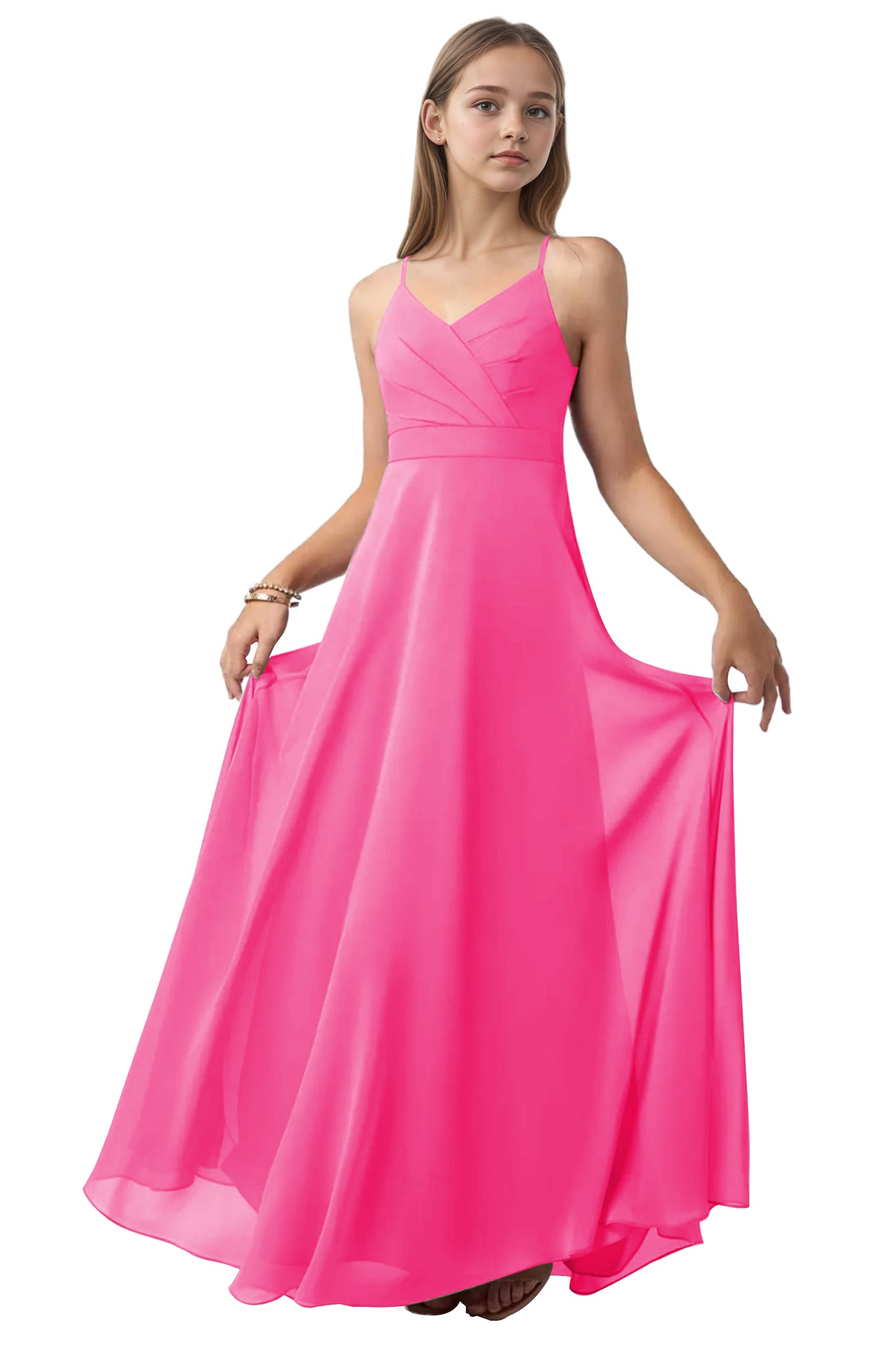 dideyttawl V-Neck Junior Bridesmaid Dress Spaghetti Straps Pleated Chiffon A-Line Flower Girl Dress 2510
