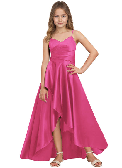 dideyttawl High Low Junior Bridesmaid Dress V-Neck Silk Satin Flower Girl Dress Sleeveless Formal Special Occasion Dress for Wedding 2523