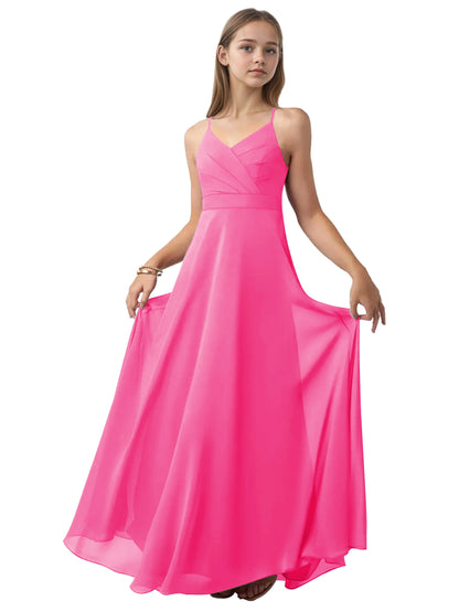 dideyttawl V-Neck Junior Bridesmaid Dress Spaghetti Straps Pleated Chiffon A-Line Flower Girl Dress 2510