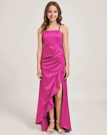 Dideyttawl Girls Formal Dress with Slit Ruffles Satin  Formal Gowns for Girls