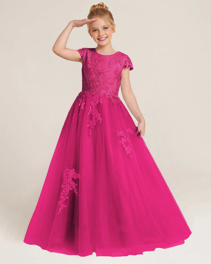 Front Hot Pink Lace Flower Girls Dress