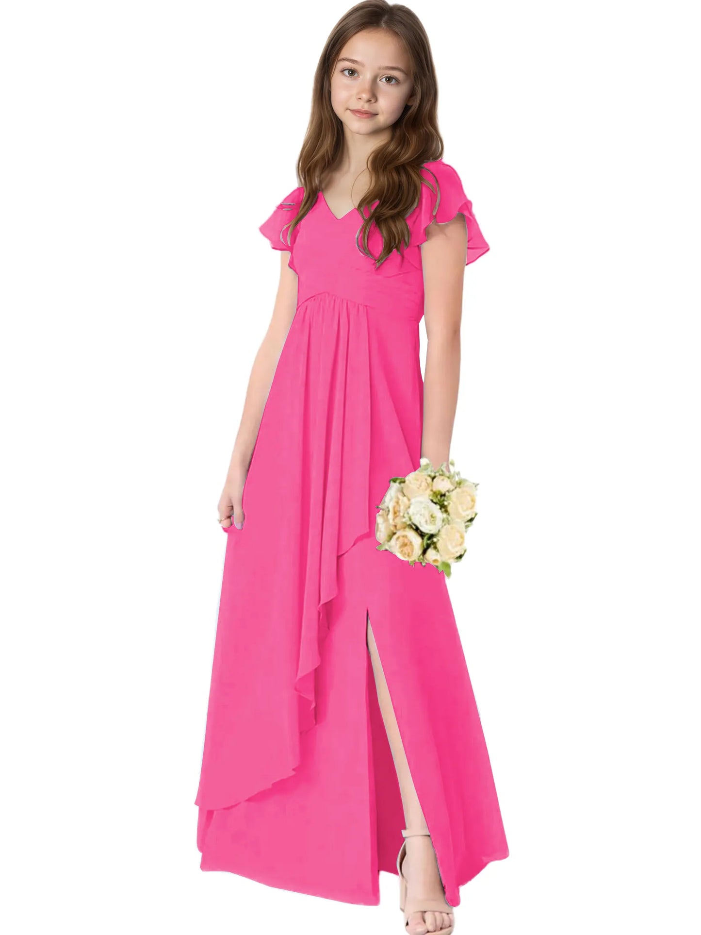 Dideyttawl Chiffon Junior Bridesmaid Dresses Ruffle Sleeves Party Gown 2506