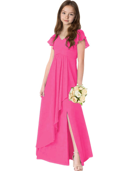 Dideyttawl Chiffon Junior Bridesmaid Dresses Ruffle Sleeves Party Gown 2506