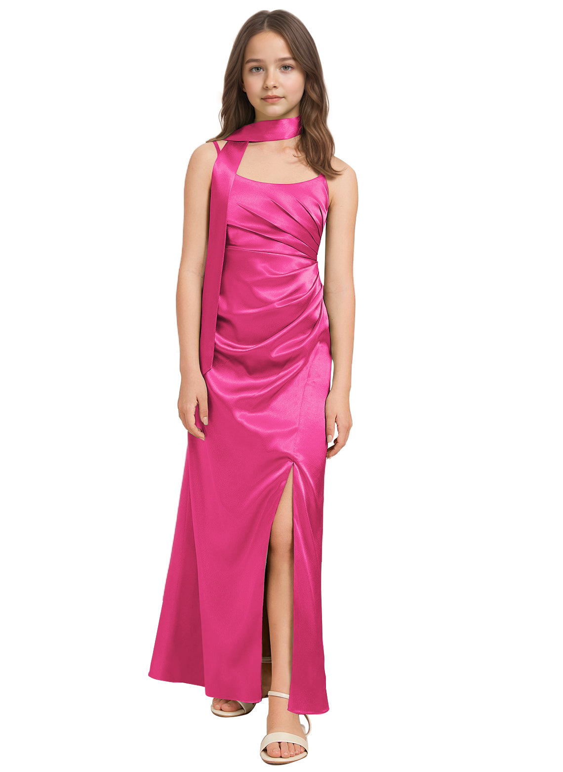 dideyttawl Satin Junior Bridesmaid Dress with Scarf for Girls 4-16 Silk Flower Girl Dress 2527