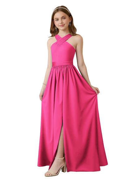 dideyttawl Junior Bridesmaid Dresses for Teen Girls Satin Halter A-Line Flower Girl Dress for Wedding 2531