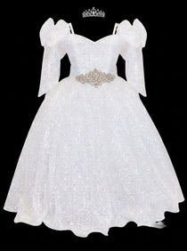 Dideyttawl Sequin Pageant Dress for Girls with Puff Sleeves and Bow