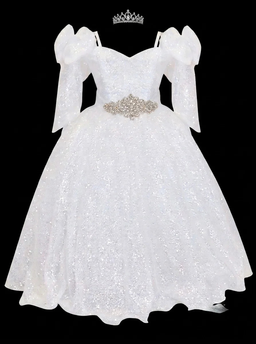 Dideyttawl Sequin Pageant Dress for Girls with Puff Sleeves and Bow Main image