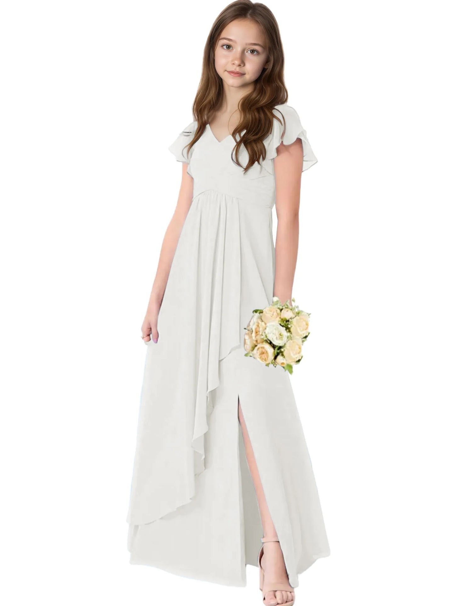 Dideyttawl Chiffon Junior Bridesmaid Dresses Ruffle Sleeves Party Gown 2506