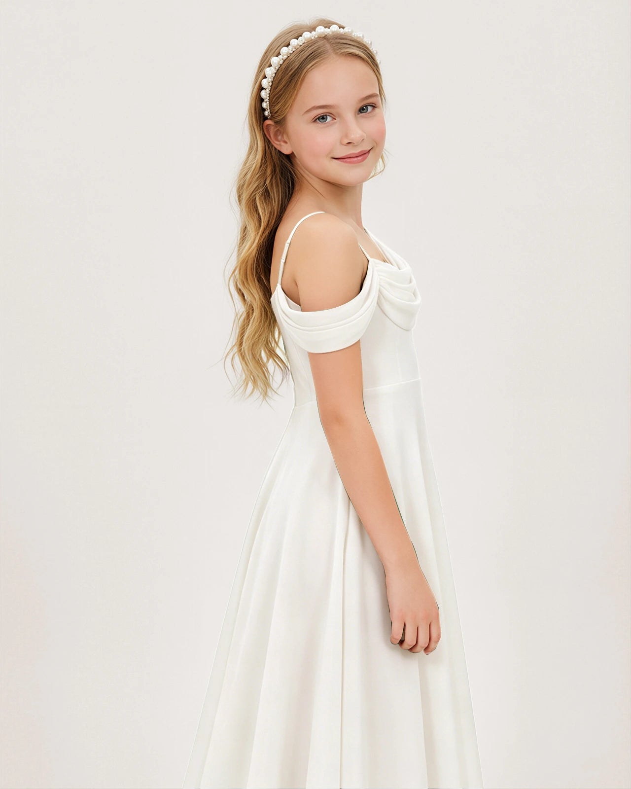 Ivory Satin A-line Junior Bridesmaid Dress Side View