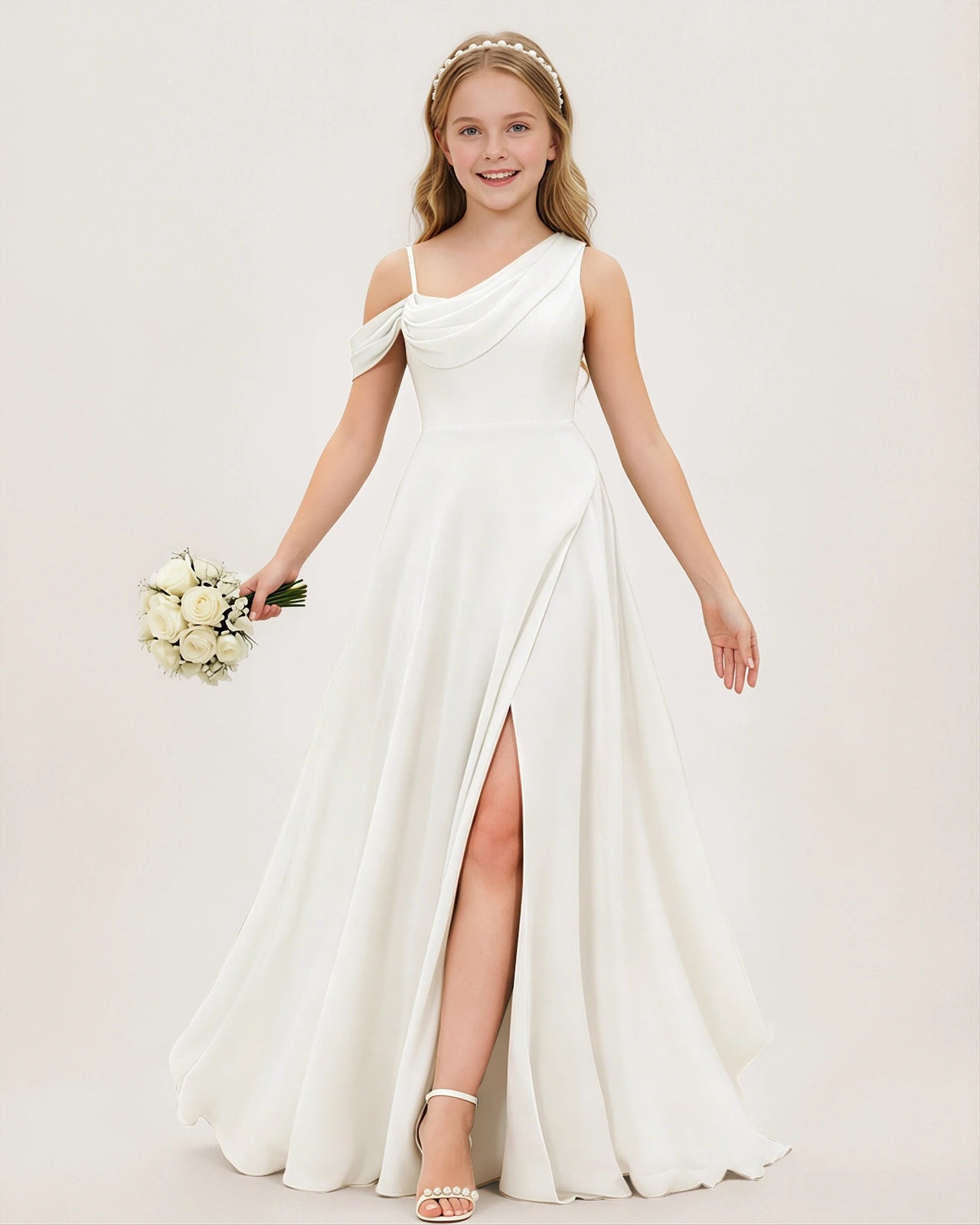 Ivory Satin A-line Junior Bridesmaid Dress Front View