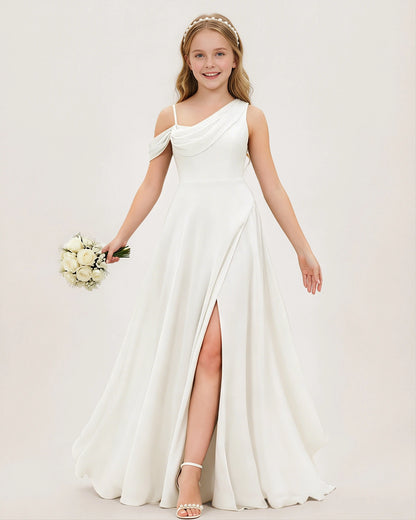 Ivory Satin A-line Junior Bridesmaid Dress Front View