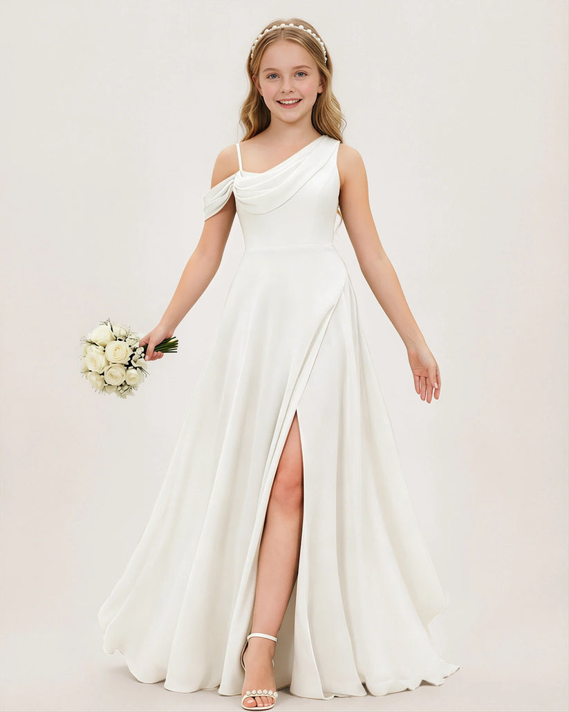 Ivory Satin A-line Junior Bridesmaid Dress Front View