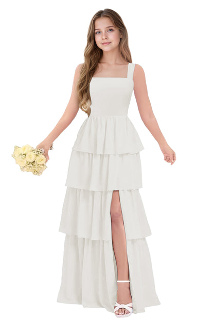 dideyttawl Junior Bridesmaid Dress Spaghetti Strap Square Neck Layered Chiffon A-Line Flower Girl Dress with Slit 2509