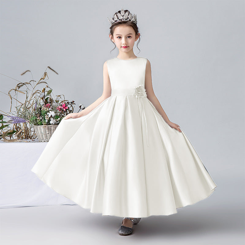 Satin Formal Dress For Girls Flower Belt Girls Evening Party Dress Sleeveless Long Dress First Communion Dress