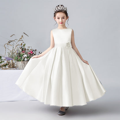 Satin Formal Dress For Girls Flower Belt Girls Evening Party Dress Sleeveless Long Dress First Communion Dress