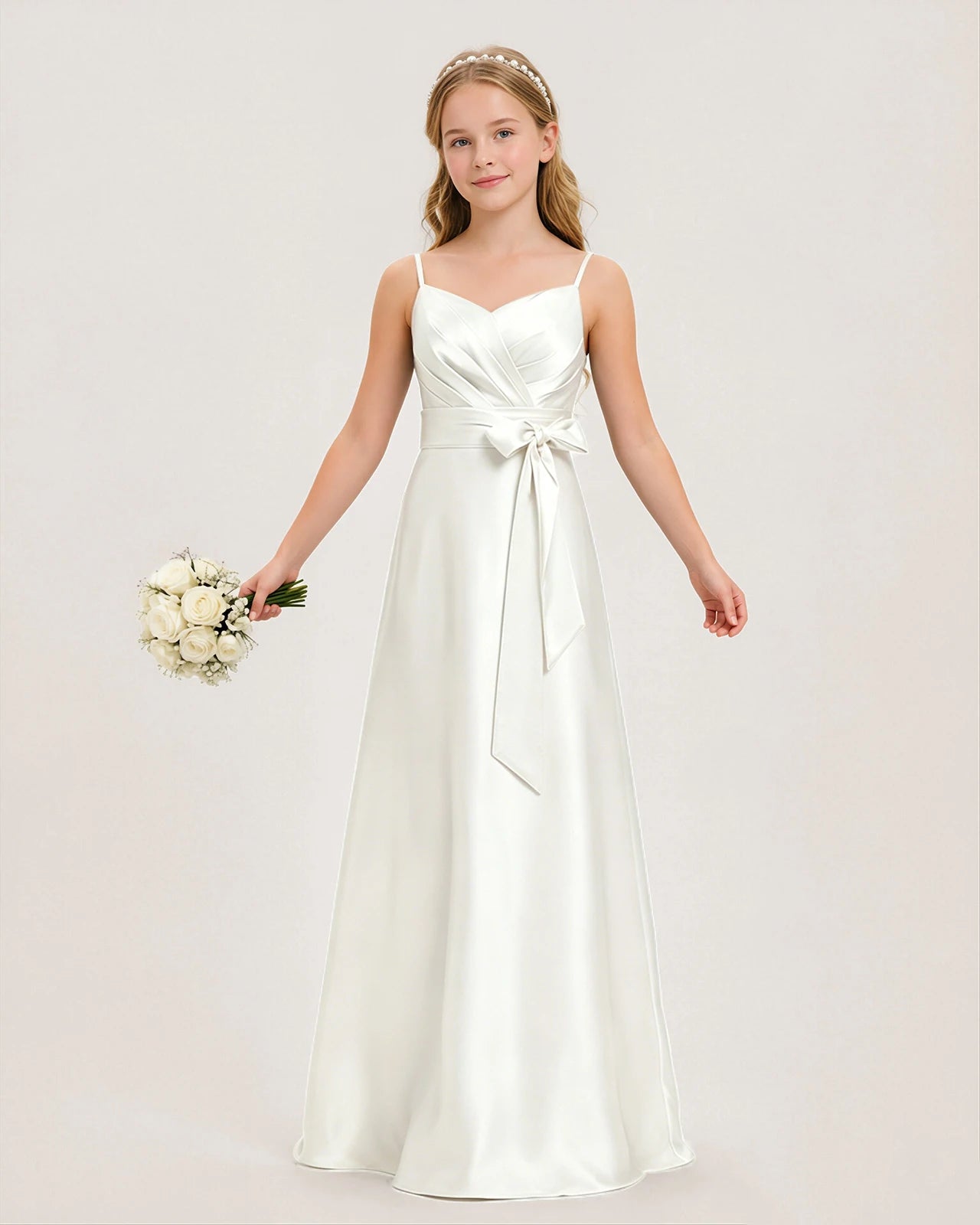 Dideyttawl Junior Bridesmaid Dress with Spaghetti Straps and Ruched Satin Side Bow, Blush Pink / 6