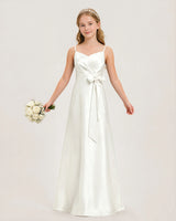 Ivory Satin A-line Junior Bridesmaid Dress Front View