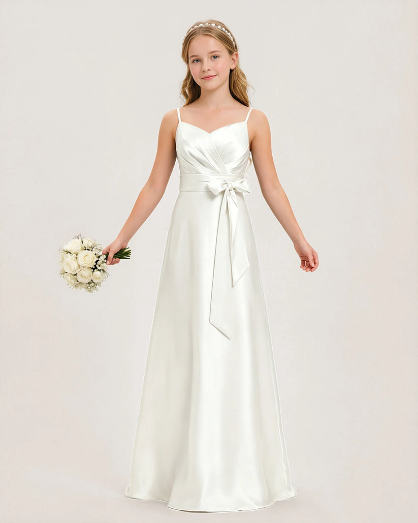 Ivory Satin A-line Junior Bridesmaid Dress Front View