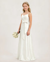 Ivory Satin A-line Junior Bridesmaid Dress Front View
