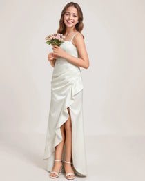 Dideyttawl Girls Formal Dress with Slit Ruffles Satin  Formal Gowns for Girls