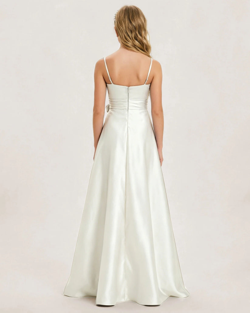 Ivory Satin A-line Junior Bridesmaid Dress Back View
