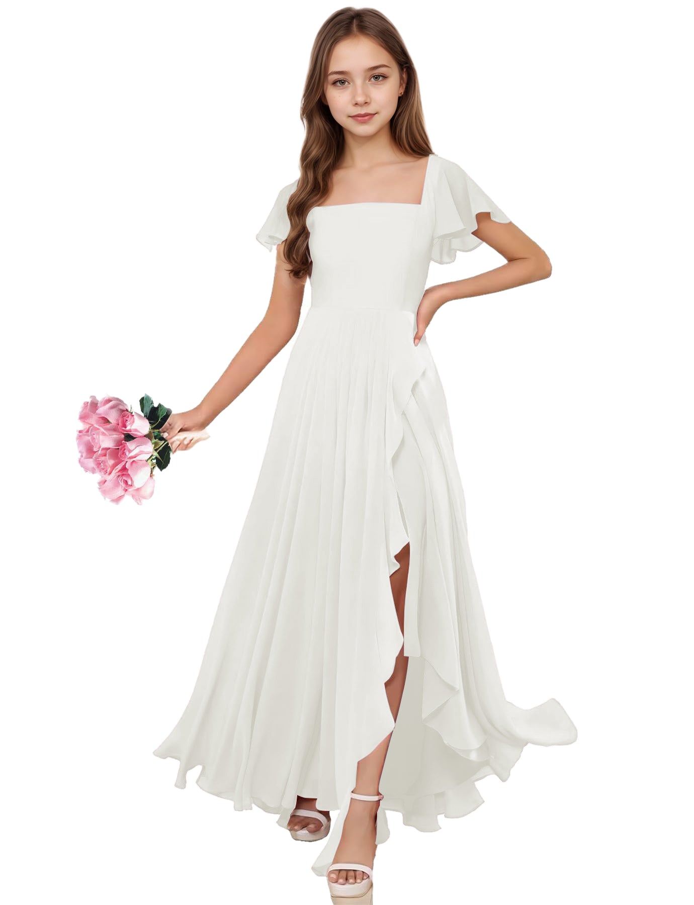 dideyttawl Junior Bridesmaid Dresses Ruffle Sleeve Square Neck Chiffon A-Line Flower Girl Dress with Slit 2508