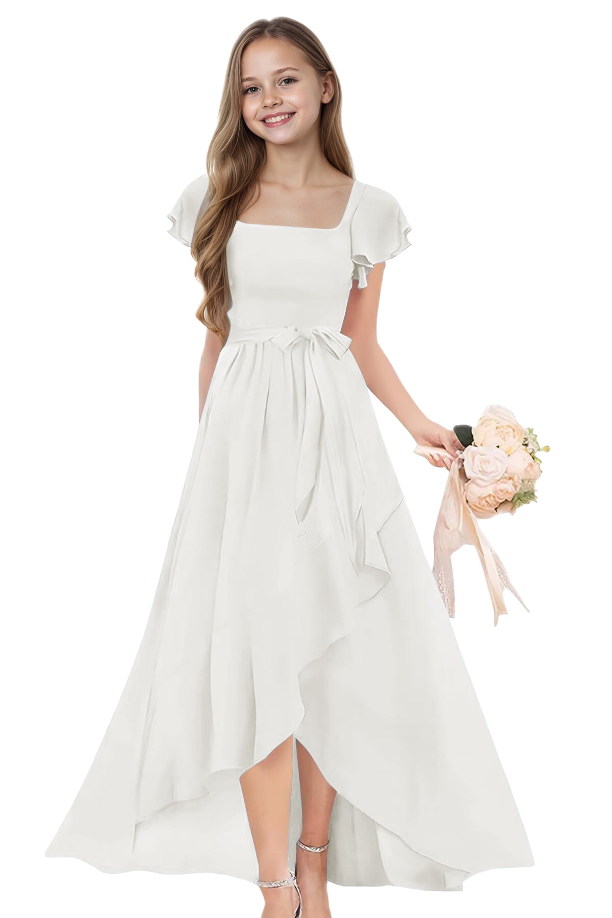 dideyttawl Long Junior Bridesmaid Dresses Ruffle Sleeve Square Neck Chiffon Flower Girl Dress for Wedding 2507