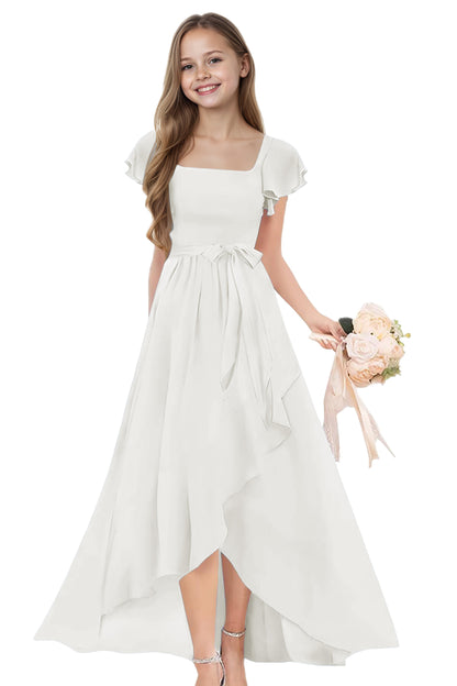 dideyttawl Long Junior Bridesmaid Dresses Ruffle Sleeve Square Neck Chiffon Flower Girl Dress for Wedding 2507