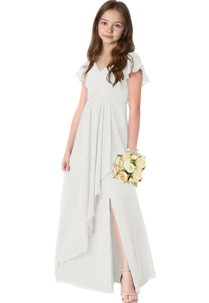 dideyttawl Chiffon Junior Bridesmaid Dresses V Neck Ruffle Sleeves Chiffon Pleated Flowy Flower Girls Dress or 4-16 2506