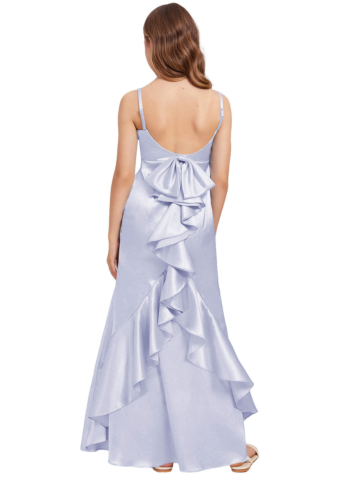 dideyttawl Mermaid Junior Bridesmaid Dress with Slit V-Neck Ruffles Bow Stretch Satin Flower Girl Dress Sleeveless Formal Special Occasion Dress for Wedding 2522