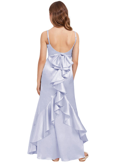 dideyttawl Mermaid Junior Bridesmaid Dress with Slit V-Neck Ruffles Bow Stretch Satin Flower Girl Dress Sleeveless Formal Special Occasion Dress for Wedding 2522