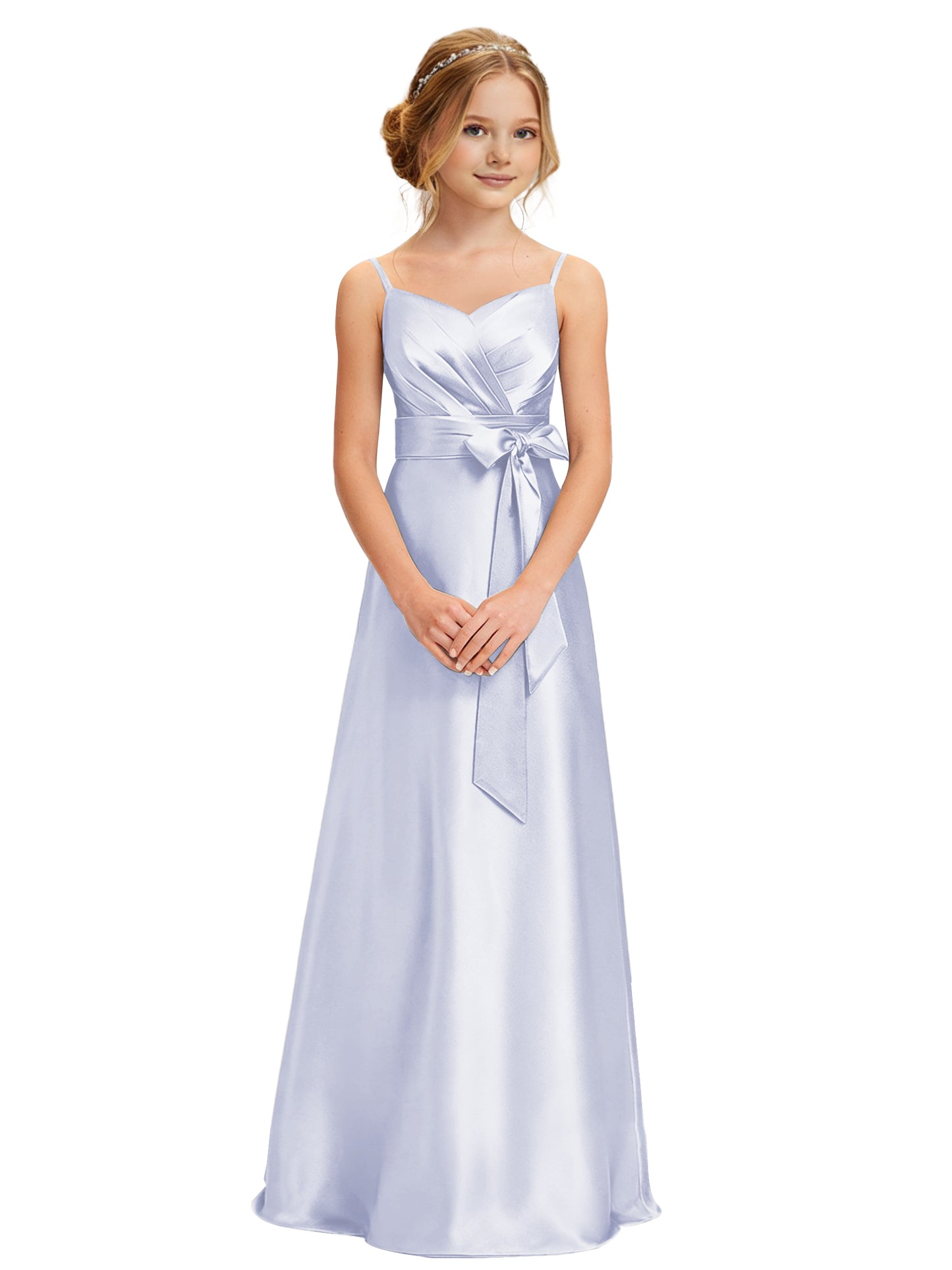 dideyttawl 2026 Girls Pleated Satin Prom Dress Bow Belt Ball Gown Maxi Spaghetti Straps Junior Bridesmaid Dress 2547