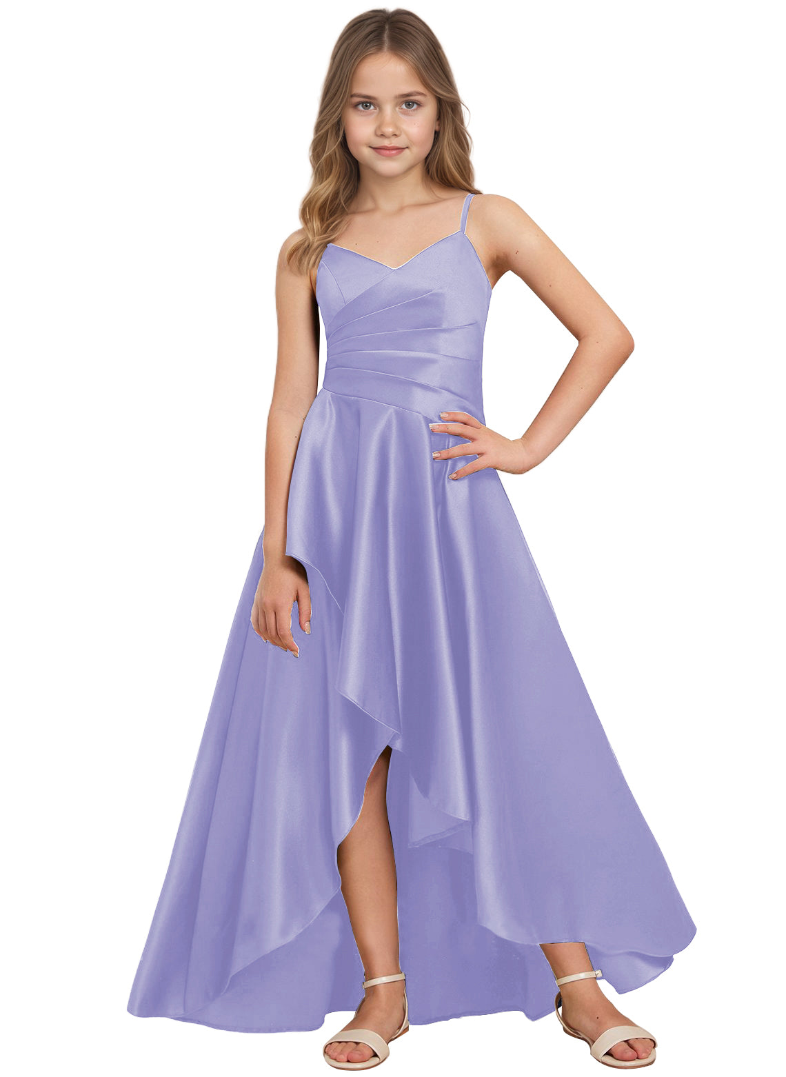 dideyttawl High Low Junior Bridesmaid Dress V-Neck Silk Satin Flower Girl Dress Sleeveless Formal Special Occasion Dress for Wedding 2523