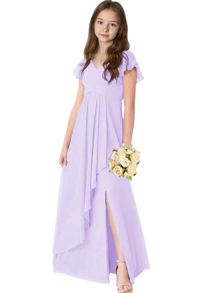 dideyttawl Chiffon Junior Bridesmaid Dresses V Neck Ruffle Sleeves Chiffon Pleated Flowy Flower Girls Dress or 4-16 2506