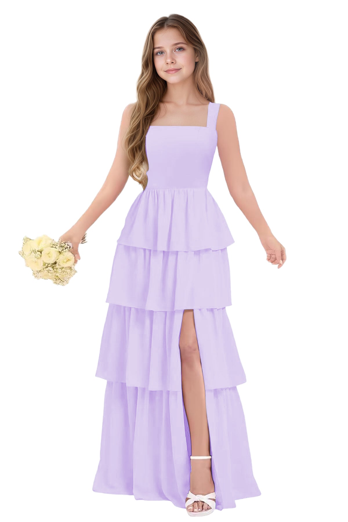 dideyttawl Junior Bridesmaid Dress Spaghetti Strap Square Neck Layered Chiffon A-Line Flower Girl Dress with Slit 2509