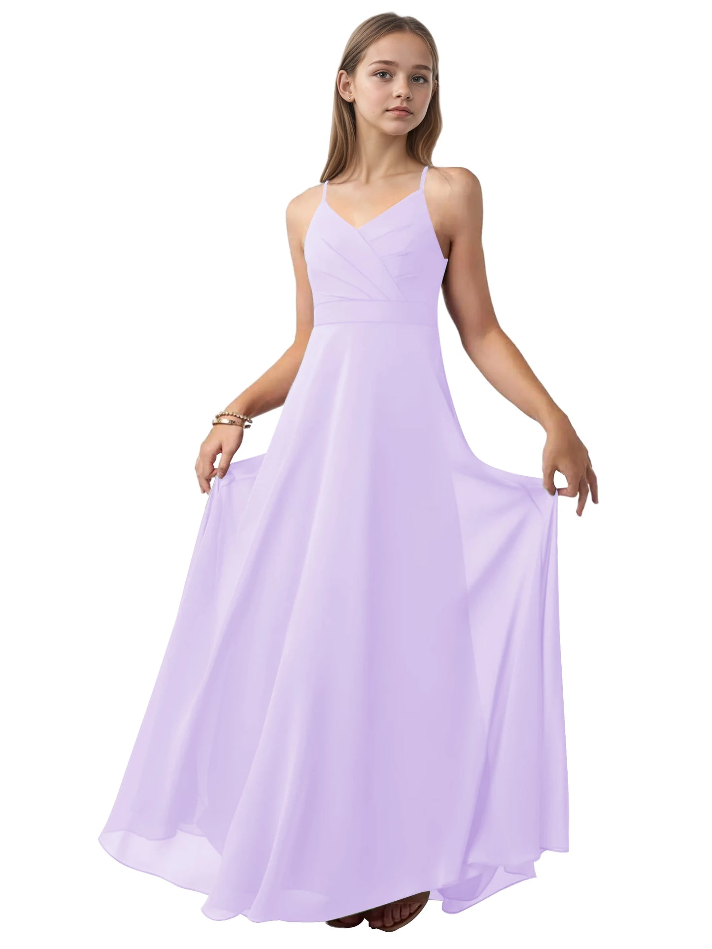 dideyttawl V-Neck Junior Bridesmaid Dress Spaghetti Straps Pleated Chiffon A-Line Flower Girl Dress 2510